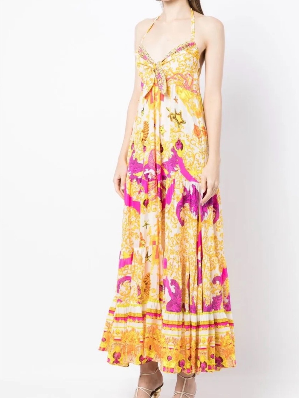 Camila Coelho Pink and Yellow Halter Tie-Front Maxi Dress